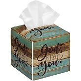 God Bless You Tissue Box Cover,Wooden PU Leather Tissue Box Holder Square,Modern Home Decoration for Bathroom Living Room Kitchen Office Car,5.2