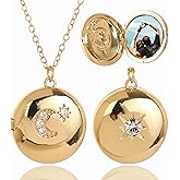 GYUCHIC Gold Locket Necklace for Women, 18K Gold Plated Photo Locket Moon and Sun with Zircons Inlaid Picture Necklace Personalized Photo, Gifts for Women