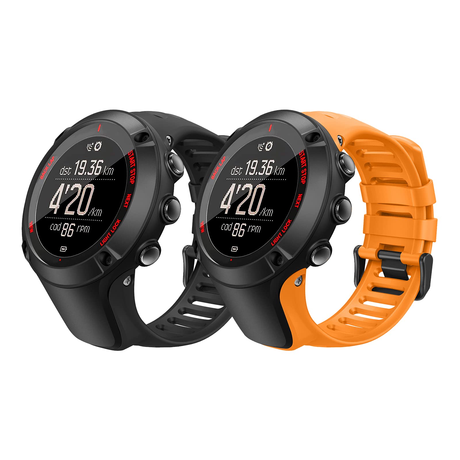 MoKo 2 Pack Strap Compatible with Suunto Ambit 1/2/2S/2R/3/3 Sport/3 Run/3 Peak, Soft Silicone Adjustable Replacement Watch Band Wristband, Black + Orange