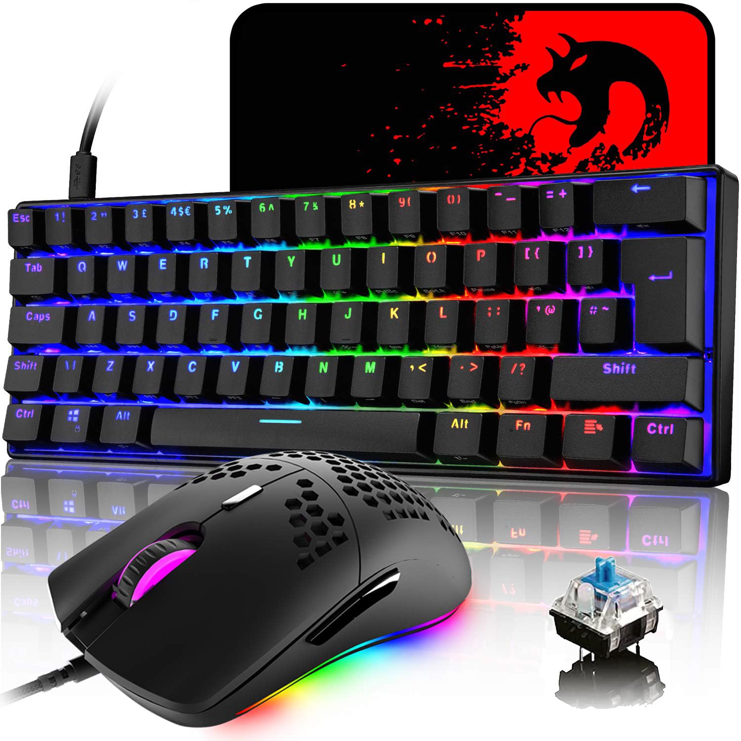 UK Layout 60% Mechanical Keyboard 62 Keys Blue Switch Wired USB C 14 Chroma RGB Backlit Gaming Keyboard + 6400DPI Ultra-Light Honeycomb Mouse + Large Mouse Pad, Compatible With PS4,Xbox,PC - Black