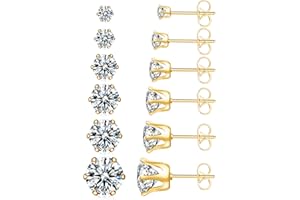 UHIBROS 6 Pairs Stainless Steel Stud Earrings Set Hypoallergenic Cubic Zirconia 14K White Gold 316L CZ Earrings