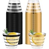 Gejoy 9 oz Happy New Year Rimmed Stripe Plastic Cups Bulk Disposable Wine Hard Plastic Drinking Cocktail Cups Tumblers for Wedding Gathering Party Supplies(Gold, Black,100pcs)