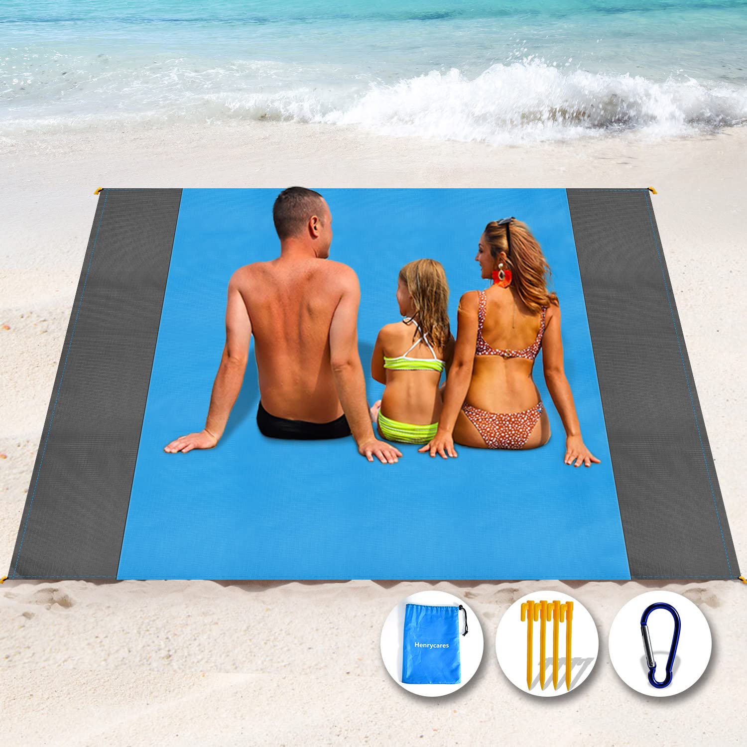 Henrycares Beach Blanket Picnic Blanket, Extra Large 250 x 200cm Sandproof Waterproof Beach Mat with 4 Stakes for 5-8 Adults, Summer Essentials Outdoor Blanket for Travel Camping Hiking Picnic (Blue)