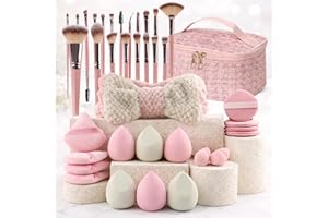 40PCS Pink Makeup Brush Sets & Kits, Soft Makeup Brushes with Large Travel Cosmetic Bag, Beauty Sponges & Puffs, Full Face an