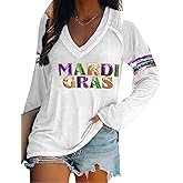 Mardi Gras Sequin Shirts for Women Party Carnival Graphic Long Sleeve Top Holiday Casual V Neck Tee