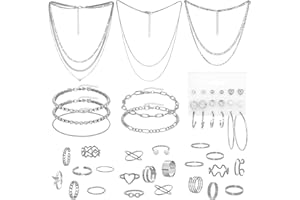 GVHNTK 34 Pcs Silver Jewelry Set for Women Layered Bracelets Ball Dangle Hoop Earrings Stackable Knuckle Rings Set Dainty Adjustable Necklaces Valentine Anniversary Trendy Party Costume Accessories Jewelry