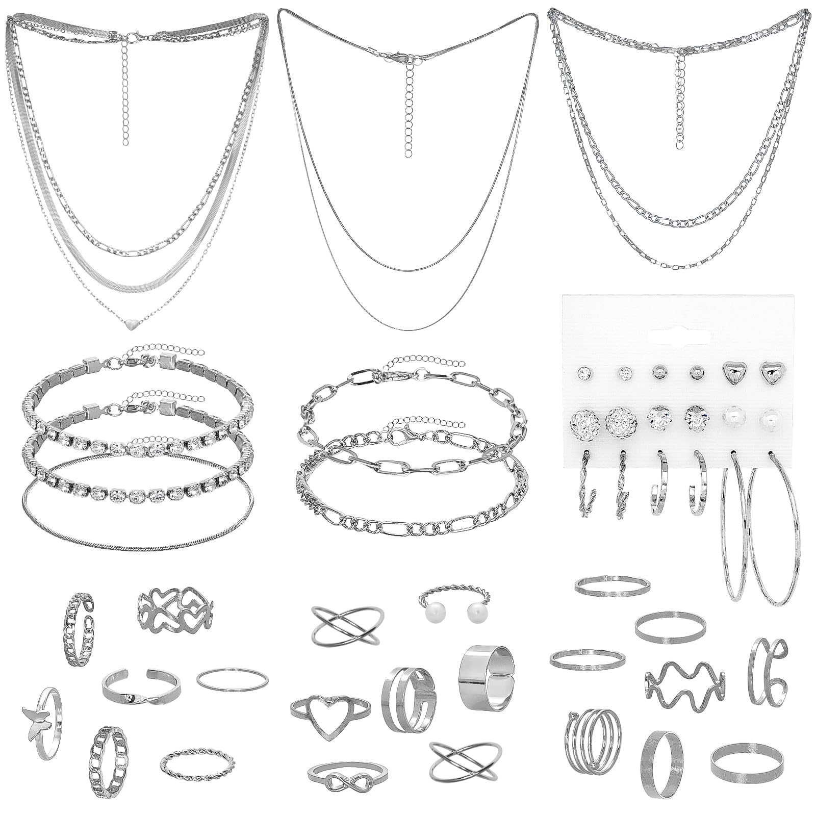 Gvhntk 34 Pcs Silver Jewelry Set for Women Layered Bracelets Ball Dangle Hoop Earrings Stackable Knuckle Rings Set Dainty Adjustable Necklaces Valentine Anniversary Trendy Party Costume Accessories Jewelry