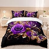 AILONEN Girls Rose Duvet Cover Set King Size,Gold Purple Rose Butterfly Comforter Cover Set for Women,Modern Print Romantic Floral Duvet Cover with 2 Pillowcases,3 Pieces