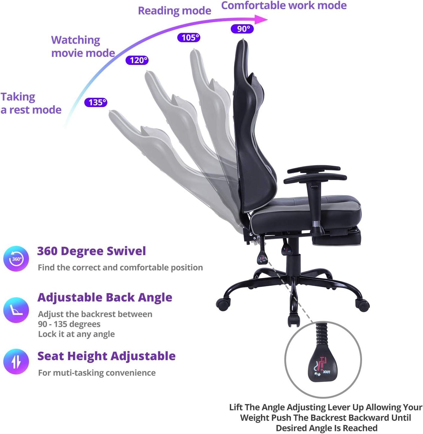 Amazon Com Von Racer Massage Gaming Chair High Back Racing Pc Computer Desk Office Chair Swivel Ergonomic Executive Leather Chair With Footrest And Adjustable Armrests Gray Black Kitchen Dining