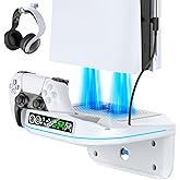 P S5 Wall Mount Kit with Cooling Fan and Charging Station Compatible with PS5/ Slim/ Pro Disc and Digital, PS Five Floating Shelf with 9 RGB Lights, P S5 Mount Behind TV, PS5 Accessories for Gaming