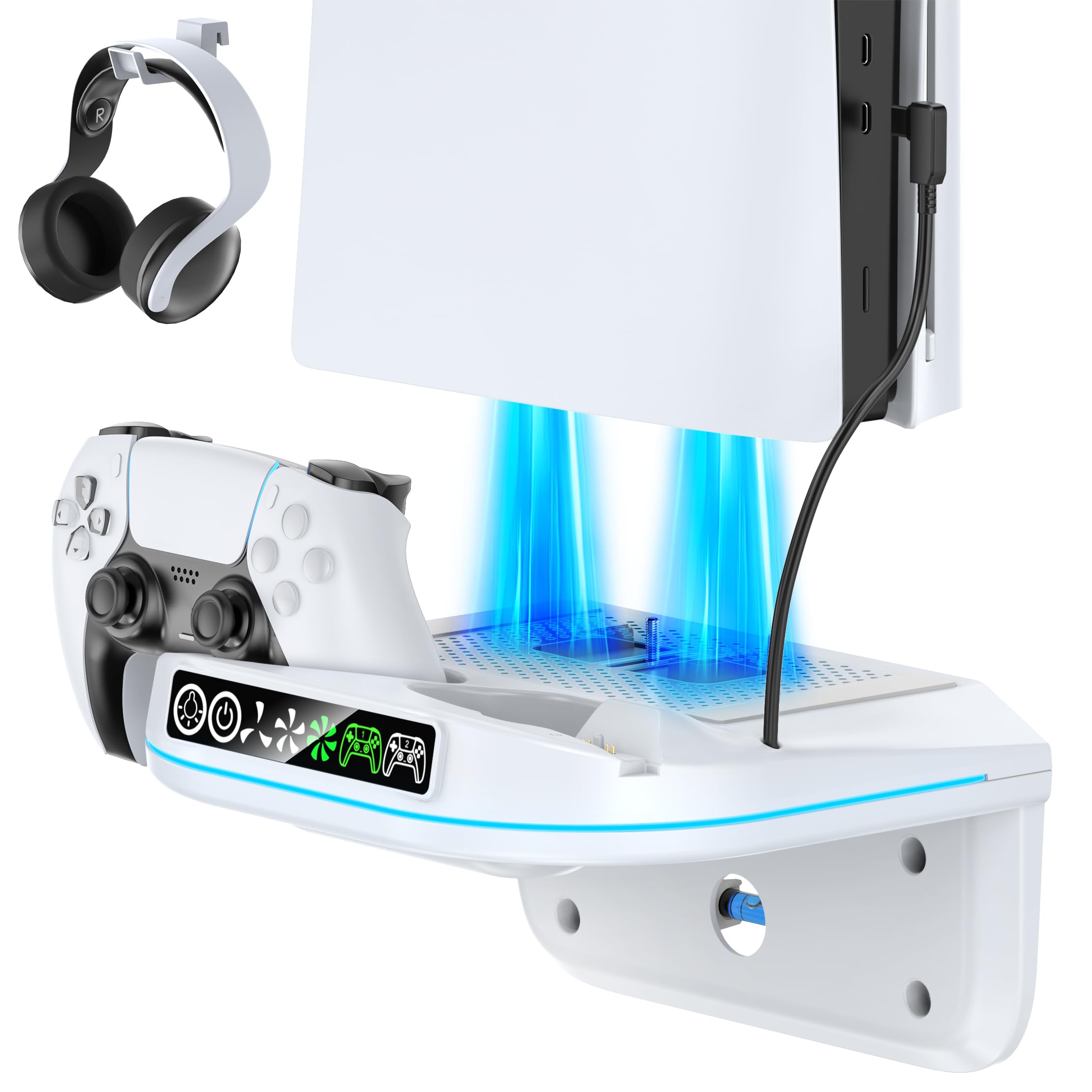 PS 5 Wall Mount Kit with Cooling Fan and Charging Station Compatible with P5/ Slim/ Pro Disc and Digital, PS Five Floating Base Holder Shelf with 9 RGB Lights & 3-Level Fan, P5 Accessories for Gaming