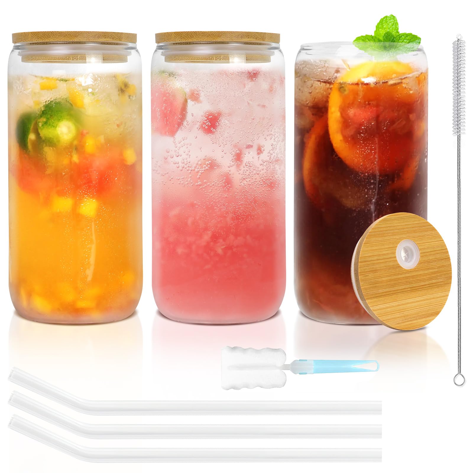 YUEYEE Drinking Glasses,3 Set 500ml Can Shaped Glass with Straws and Bamboo Lids,Reusable Iced Coffee Glass Smoothie Cup for Soda Water Juice Smoothie Milk Cocktail Whiskey