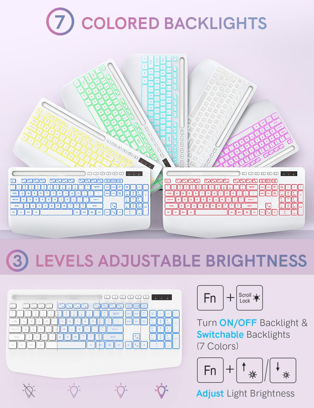 Wireless Keyboard and Mouse Combo with 7 Colored Backlits, Wrist Rest, Rechargeable Ergonomic Keyboard with Phone Holder, Silent Lighted Full Size Combo for Windows, Mac, PC, Laptop-Trueque (White)