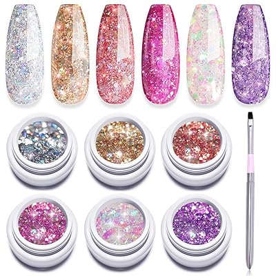 Modelones Gel Nail Polish Set + Painting Pen, 6 Color Glitter Gel Soak Off UV LED Super Platinum Glitter Nail Polish, Gold Pink Purple Orange Sliver White, Nail Manicure Set With Gift Box 5 ml