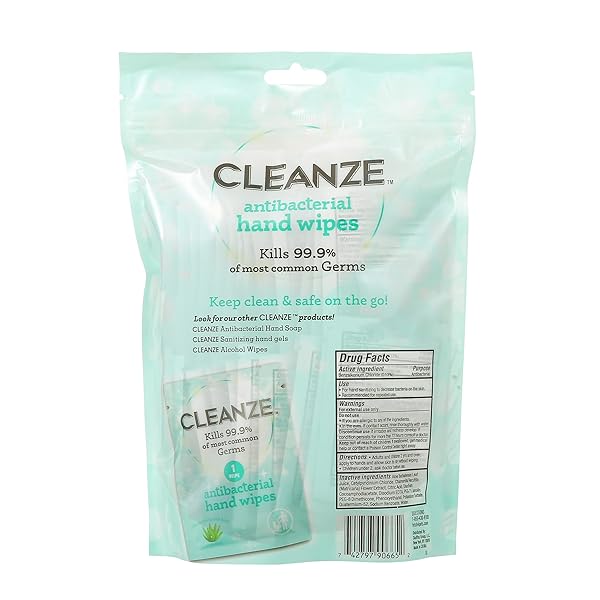 CLEANZE ANTIBACTERIAL HAND SANITIZING INDIVIDUAL HAND WIPE PACKETS, 50 UNSCENTED DISINFECTING HAND SANITIZER WIPES WITH ALOE FOR TRAVEL, KILLS 99.9% OF GERMS