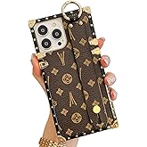 HALATUA Elegant Retro Compatible with iPhone Rhombus Pattern Faux Leather Case with Adjustable Wristband Kickstand,Electroplating Protective Rectangle Edge Cases Cover (Brown,13 Pro Max)