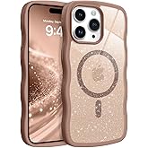 BENTOBEN for Magnetic iPhone 15 Pro Max Case, Cute Curly Wavy Frame Bumper [Compatible with Magsafe] Clear Glitter Sparkly Slim Shockproof Protective Girly Women Men Boys Phone Cover, Desert Titanium