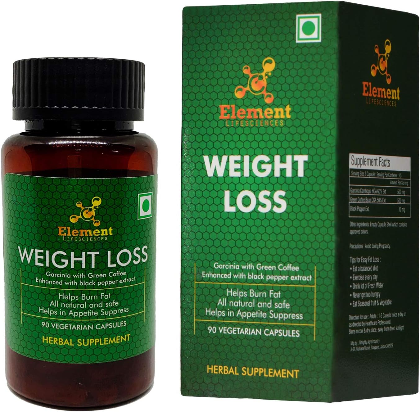 Element Lifesciences Natural Weight Loss GarciniaCambogia with green coffee beans and black pepper - 90 Veg Capsules