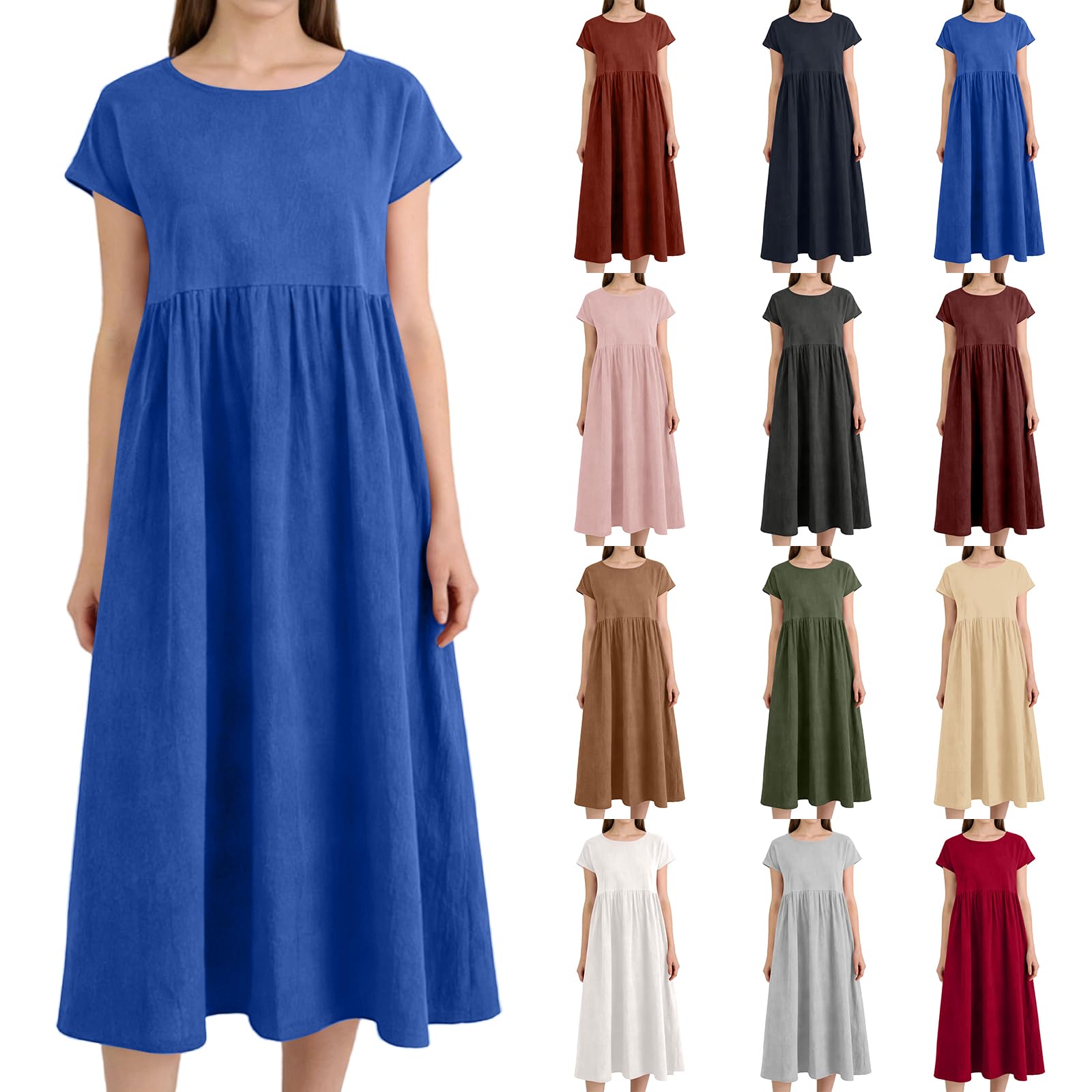 Linen Dress Women Midi with Pockets T Shirt Long Dress Casual Boho Sundress Maxi Summer Vacation Outfits for Women Cinco de Mayo Outfit Vestido de Playa Elegante para Mujer