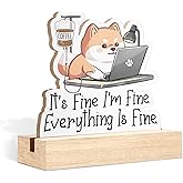 CTYNU Funny Dog Coffee Desk Decor Sign, I’m Fine, Everything Is Fine Dog Shaped Wood Sign Plaque with Wooden Stand for Home Office Desk Decor, Funny Office Decoration Gifts