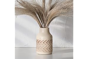 SIDUCAL Ceramic Rustic Farmhouse Vase, Glossy White with Antique Boho Vase, Pottery Decorative Flower Vase for Home Decor, Table, Living Room Decoration, Shelf Decor, Mantel, 6.7 Inch, Beige