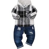 JOIMOCY Toddler Boy Clothes Baby Boys Fall Winter Outfits Plaid Hooded Sweatshirt Ripped Holes Jeans Set 2-5T