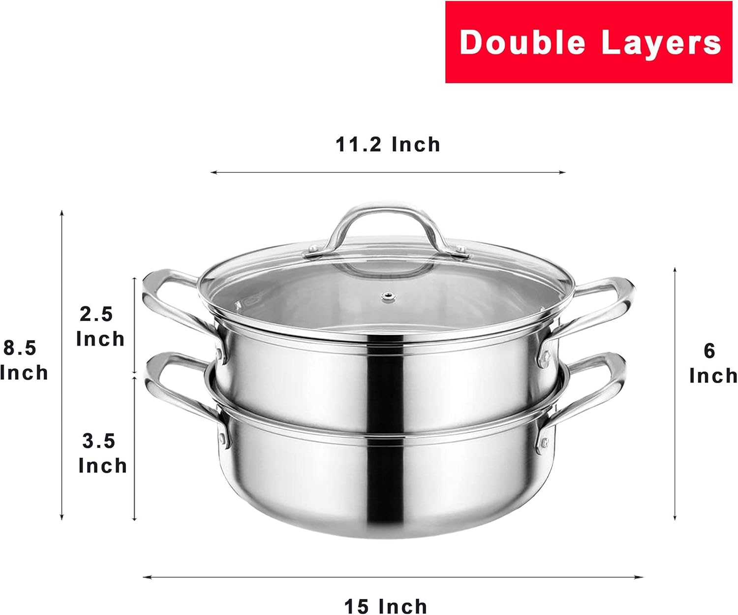 Chefio Stainless Steel 3-Piece 5.8-Quart 2-Tier Pasta/Steamer Set with Tempered Glass Lid and Double Handles - Easy to Clean, Dishwasher Safe (Stainless Steel Color): Kitchen & Dining