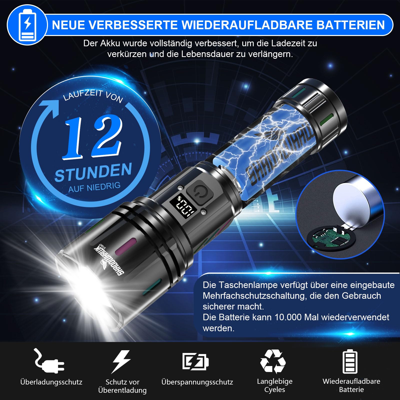 Shadowhawk Taschenlampe LED Aufladbar 500000 Lumen - 30W Extrem Hell Taktische Taschenlampen mit Nachtleuchtstreifen, 1000m Reichweite & 12h Laufzeit, Wasserdicht Handlampe für Camping/Outdoor/Notfäll 4