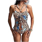 Verdusa 2 Piece Leopard Floral Tankini Swimsuits for Women Tummy Control Slit Camisole with Bottoms Swimwear