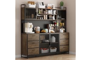 AIEGLE Large Kitchen Hutch Pantry Cabinet, Storage Kitchen Pantry in Metal Frame, Storage Cupboard with Metal Mesh Door, 6 Drawer & Microwave Shelf, for Kitchen Living Room, Brown 70.9" Wide