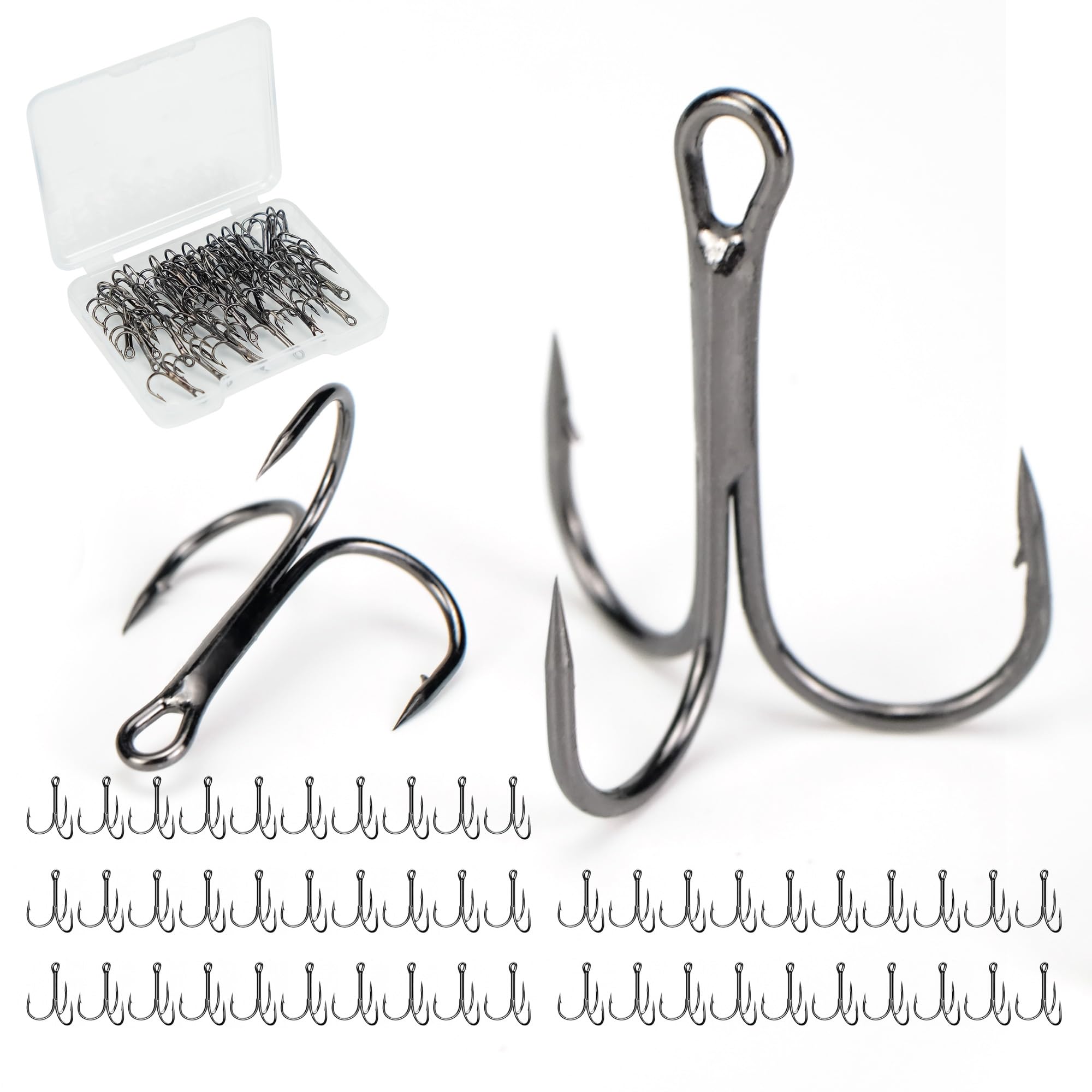 Piscorush Fishing Treble Hooks High Carbon Steel Fishing Hooks Classic Round Bend Sharp Solid Triple Barbed Fish Hook Fishing Tackle (Black, Size 6/0, Pack of 50)