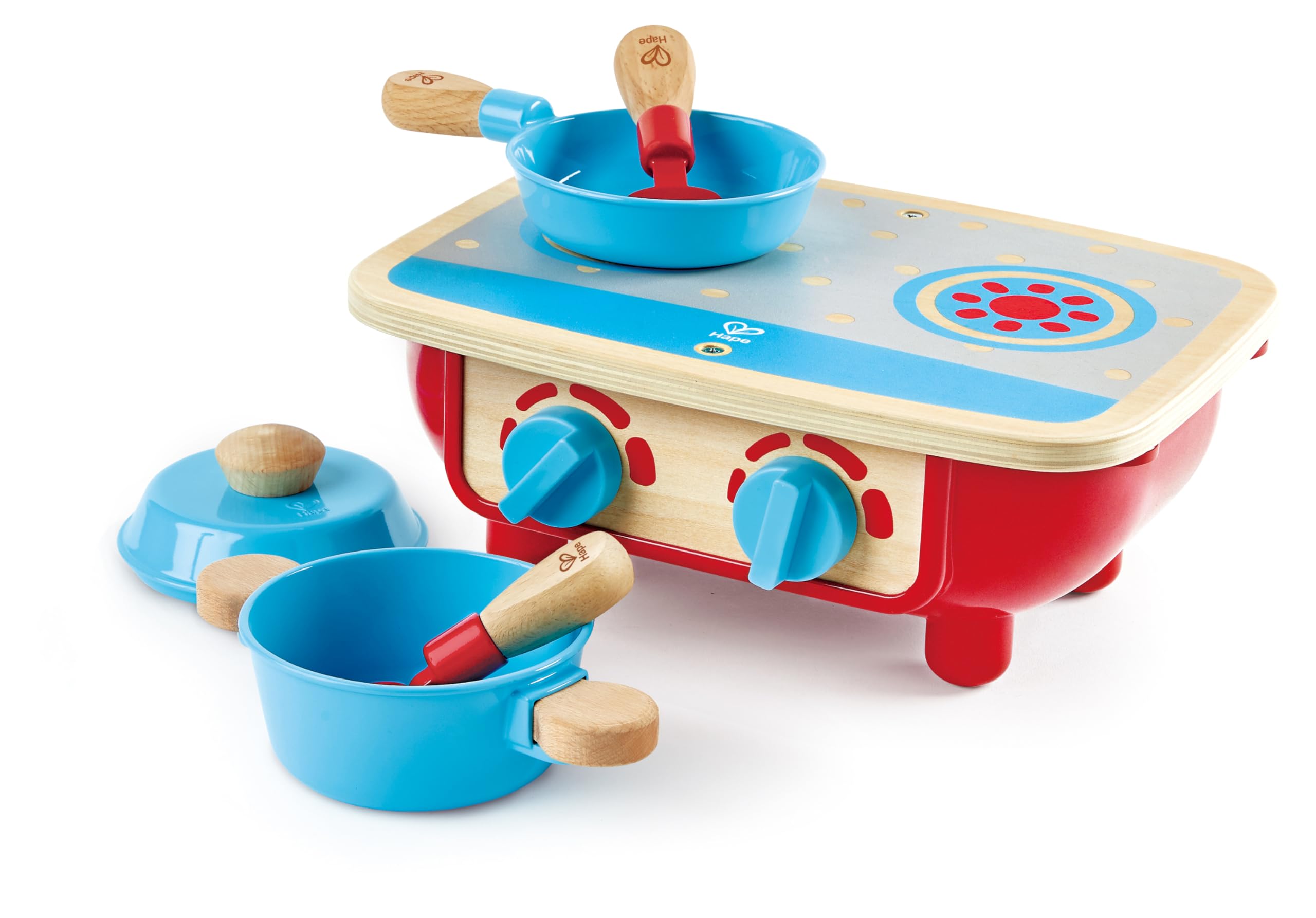 Hape Toddler Kitchen Set – 18M+, Wooden Stove with Pot, Pan, Spoon & Spatula for Pretend Play