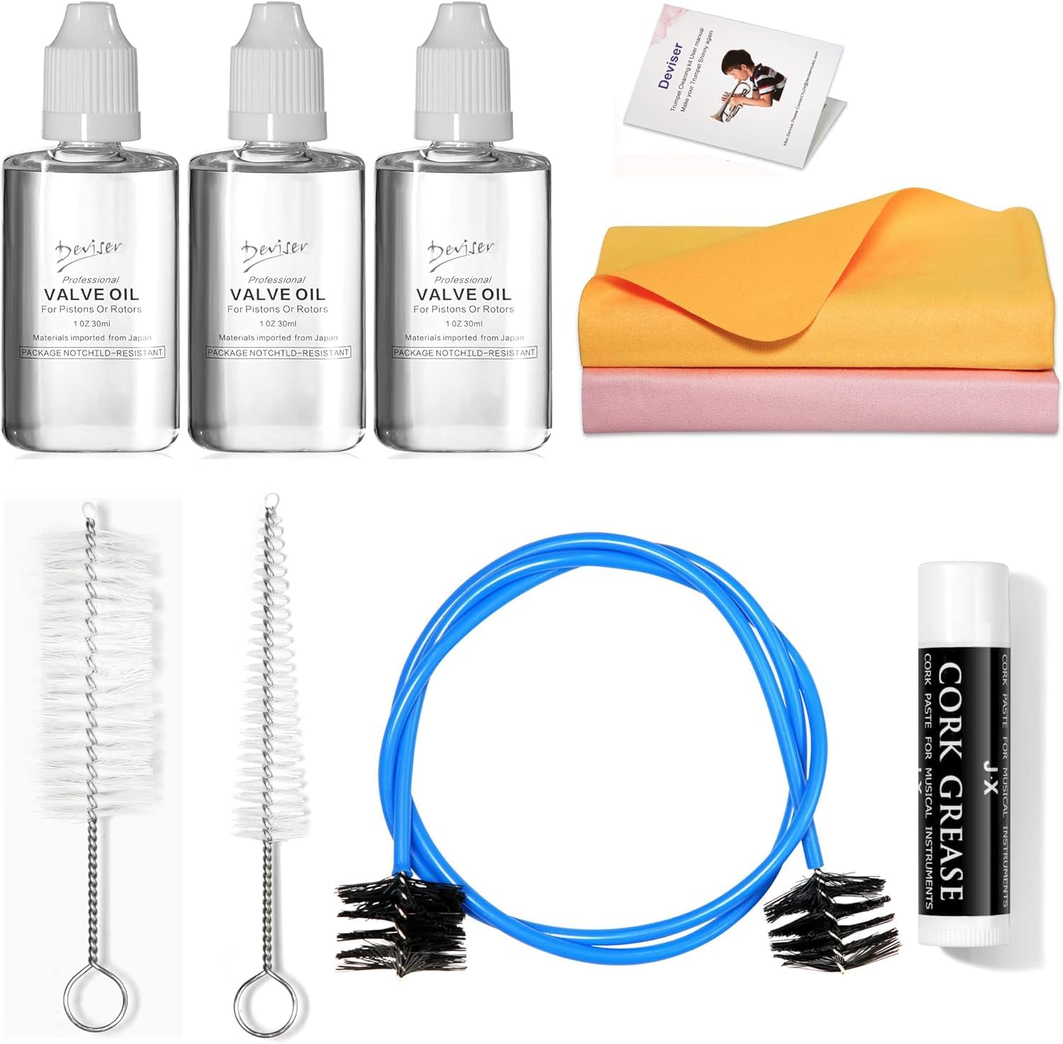 Photo 1 of Trumpet Cleaning kit Deviser All in One Cornet Care kit:Valve Oil x3,Cork Grease,Cleaning Swab,Mouthpiece,Bore Brushes