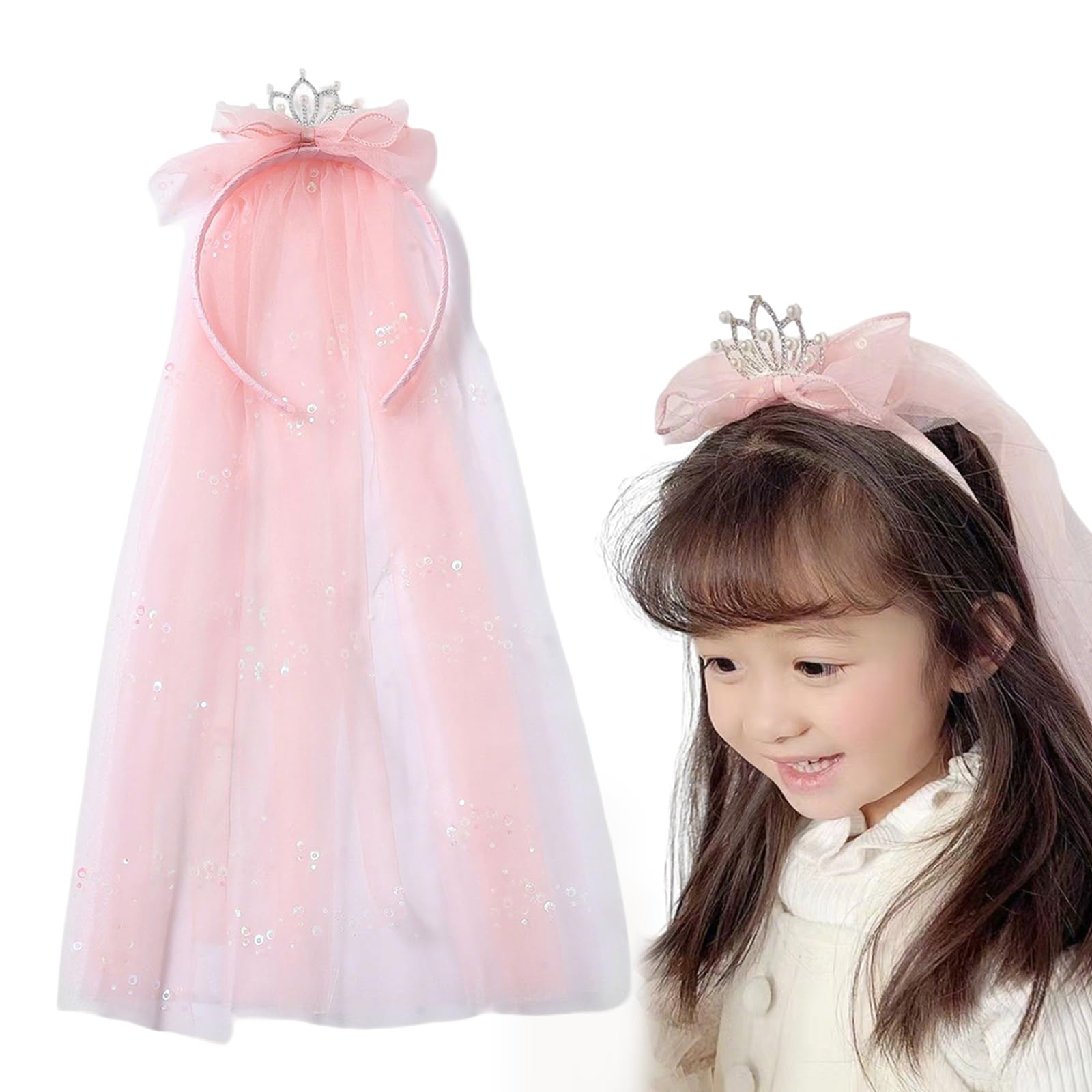 Photo 1 of Thinslimer Pink Girls Lace Veil Headbands, Girl Headpiece Headdress for Birthday Party Decorations,Halloween Costume Hair Accessories