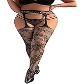 Zenova Women's Plus Size Sexy Fishnet Thigh High Stockings with Suspender Garter Belt, Stretchy Elastic Pantyhose Tights