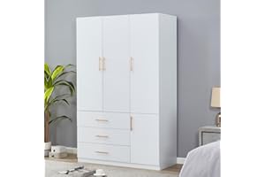 ClassyCabin Wooden Armoire Wardrobe Closet Cabinet, 3 Door 3 Drawers Storage Cabinet for Large Capacity, White Closet with 2 Hanging Rod and Storage 47.3" L x 20.3" W x 72" H
