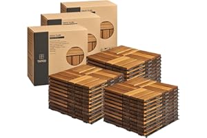 30 Pcs Interlocking Deck Tiles, Patio Flooring - Outdoor Waterproof Acacia Wood Tiles for All Weather Use - Balcony, Backyard