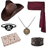 WooHand Pirate Hat and Accessories Set with Eye Patch Necklace Sash Leather Bracelets for Men Women Pirate Costume Halloween Cosplay Renaissance Outfit