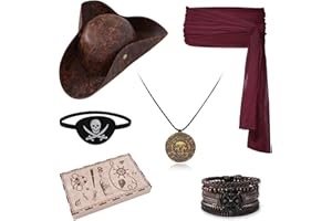 WooHand Pirate Hat and Accessories Set with Eye Patch Necklace Sash Leather Bracelets for Men Women Pirate Costume Halloween Cosplay Renaissance Outfit