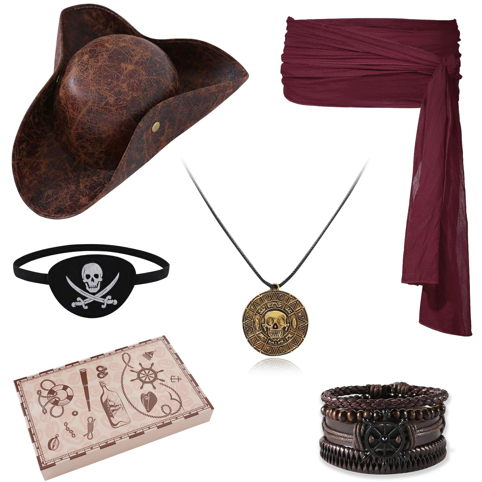 Photo 1 of WooHand Pirate Hat and Accessories Set with Eye Patch Necklace Sash Leather Bracelets for Men Women Pirate Costume Halloween Cosplay Renaissance Outfit
