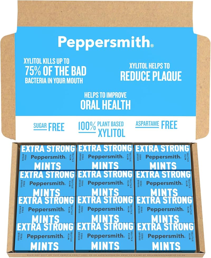 Peppersmith Extra Strong Mints Sugar Free Xylitol 12x15g Natural Eucalyptus