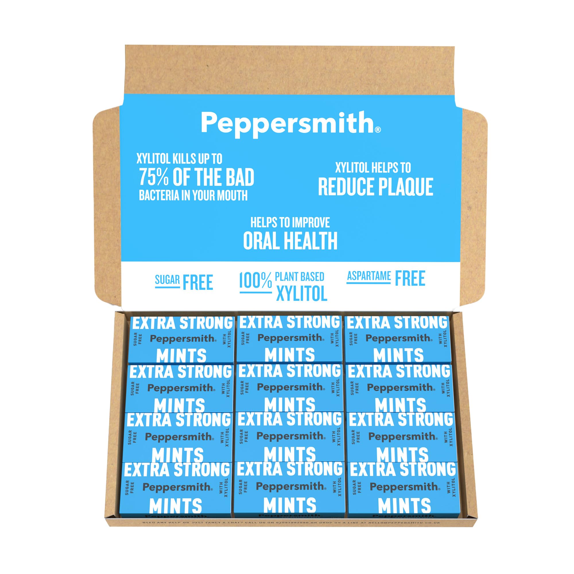 Peppersmith - Extra Strong Mints - Sugar Free Mints - 100% Plant Based Xylitol - Natural Sweetener - Natural Eucalyptus - Freshens Breath - Benefits Oral Health - Pocket Packs - 12x15g