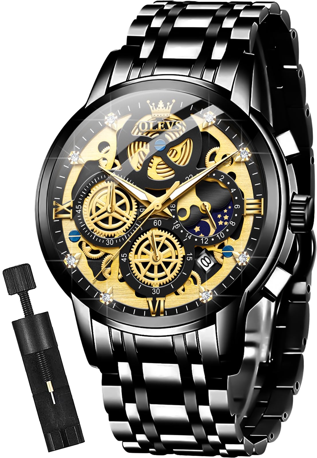 OLEVS Mens Watch Chronograph Luxury Diamond Dress Business Analog Quartz Wrist Watches Stainless Steel Waterproof Luminous