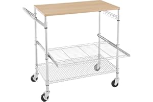 BOLDUCK 3 Tier Rolling Kitchen Cart with Wood Tabletop, Kitchen Island Carts with Wheels & Slider Shelf, Microwave Cart on Wheels, Coffee Cart with Hooks, 35.4" L*18.1" W*31.9" H，Wood+Chrome