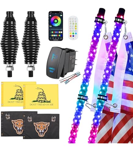 2-Pack S7 2FT LED Whip Lights - RGB Color Changing With Remote & Spring Base For UTV, ATV, Truck