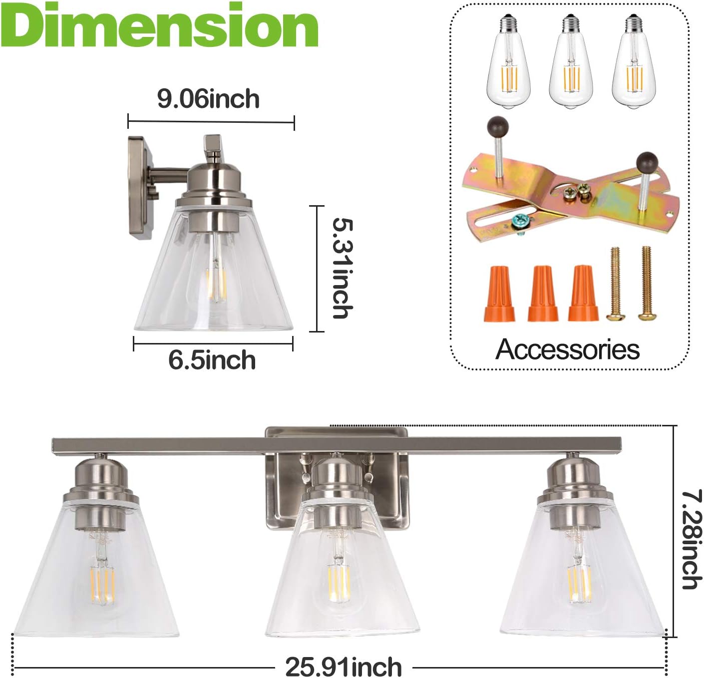 3-Light Bathroom Light, Led Edison Bulbs Included, Brushed Nickel Vanity Light Fixtures, Bathroom Wall Sconce Lighting with Clear Glass Shades, ETL Listed - - 