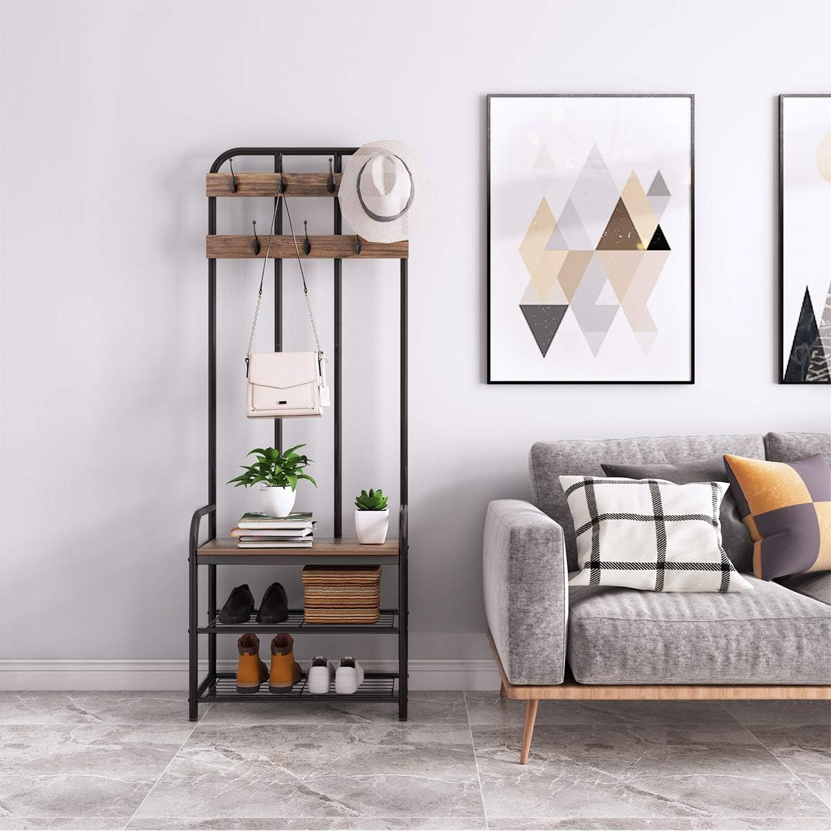 3-in-1 Entryway Coat Rack, LANGRIA Vintage Metal and Wood Hall Tree with Storage Bench Shoe Rack Entryway Storage Shelf Organizer for Home Bedroom Office Clothes Hats: Home Improvement