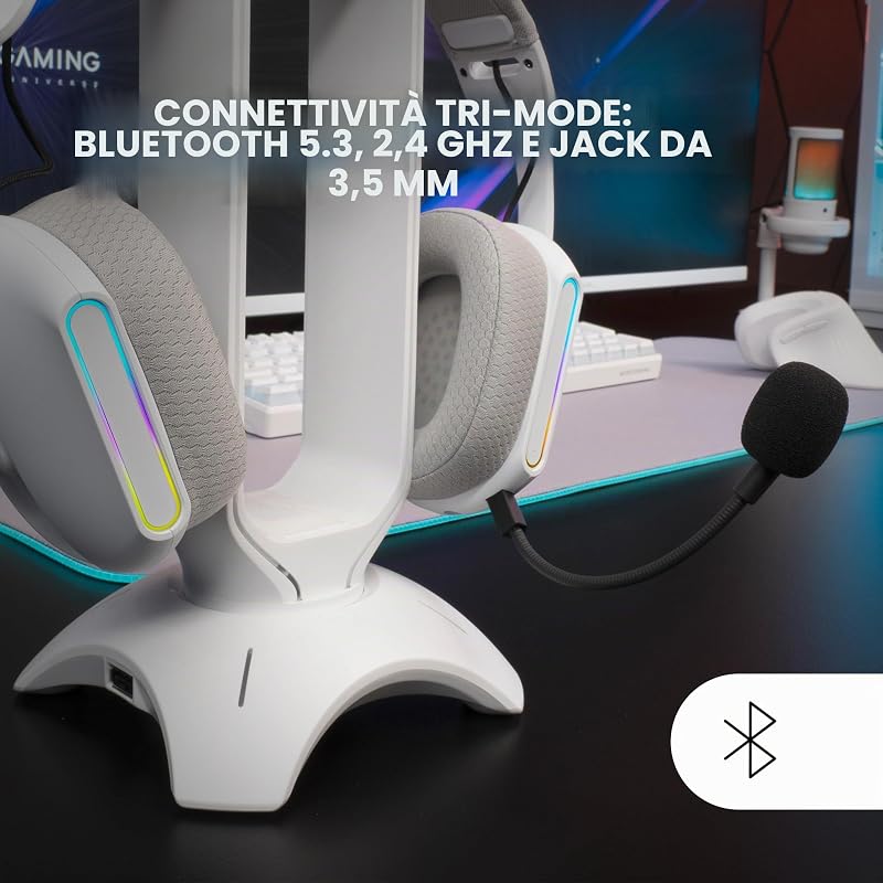 MHW-PRO, Cuffie Gaming Wireless ARGB Flow, Suono Surround 3D 7.1, Bluetooth 5.3 + 2.4GHz + Jack 3.5mm, Design Ergonomico Ultralight, Doppio Microfono, Multiplatform, Bianco
