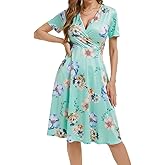 Women's Summer Wrap V Neck Casual Dresses Short Sleeve Floral A-Line Midi Sundress