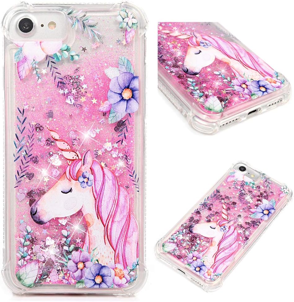 iPhone 7 Case, iPhone 8 Case(Not Plus), MOLLYCOOCLE Pink Unicorn Glitter 3D Bling Sparkle Flowing Liquid Transparent Shockproof TPU Silicone Core + PC Frame Protective Defender Cover for iPhone 7/8